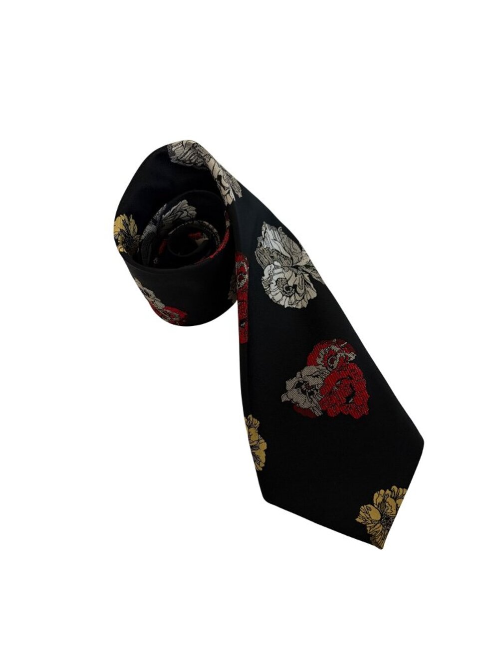 Vintage Montgomery Ward Black Red White Yellow Floral Tie Polyester Mens Necktie